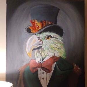 Original Acrylic Painting Signed By Me! Chic Parrot Art with Black Hat